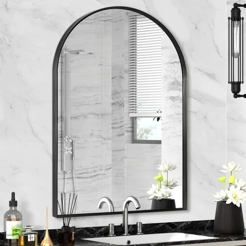 Vista 22 de Espejo arqueado negro de 16" x 20", espejo de pared para baño con arco, espejo de tocador de baño con marco de metal y parte superior arqueada