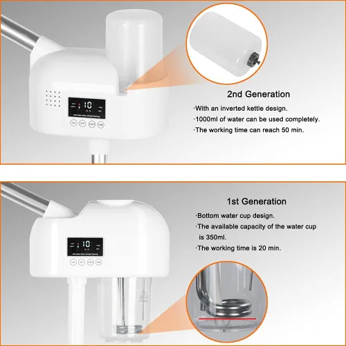 Vista 4 de Vaporizador facial con spray de niebla caliente, vaporizador esteticista para salón, spa y hogar, vaporizador facial de soporte sobre ruedas, taza