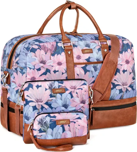 Vista 24 de IBFUN Bolsas de fin de semana para mujer, bolsa grande de lona para viaje, bolsa de viaje con compartimento para zapatos, 21 pulgadas, juego de 3