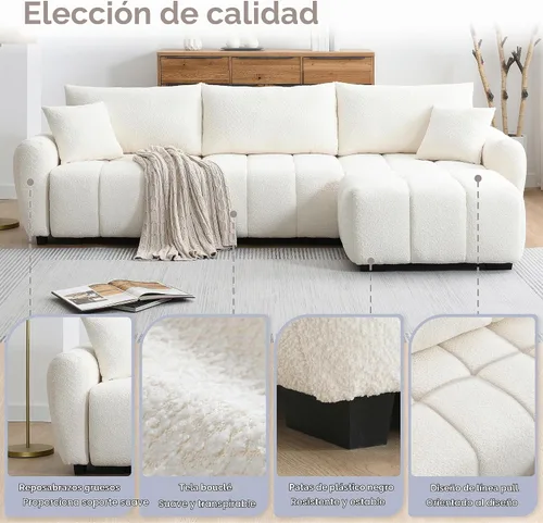 Vista 5 de Merax Moderno juego de sofá Boucle en forma de L con una otomana móvil y almohadas, sofá modular de 4 asientos con asiento extragrande para sala