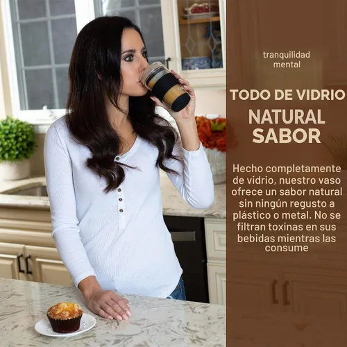 Vista 4 de Vaso de vidrio de doble pared, 8 onzas, vaso de té/café aislado y reutilizable hecho completamente de vidrio soplado a mano con tapa, taza de viaje