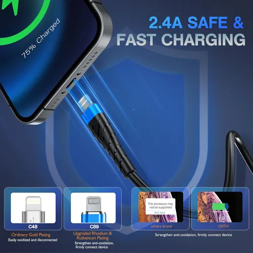 Vista 3 de Cable de carga corto con certificación MFi para iPhone, paquete de 3 unidades de 1 pie, 12 pulgadas para cable de carga Lightning, cable de datos