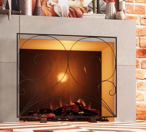 Vista 5 de Fire Beauty Pantalla de chimenea de un solo panel hecha a mano de malla de hierro forjado sólido, protector contra chispas de fuego resistente al