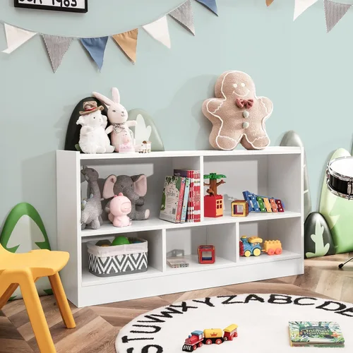 Vista 34 de MEDIMALL Organizador de almacenamiento de juguetes para niños de 5 cubos, estante de almacenamiento de madera de 2 niveles para libros y juguetes