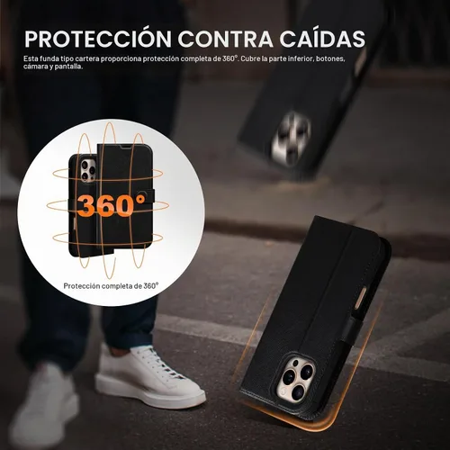 Vista 6 de Funda de cuero compatible con iPhone 16 Pro Max Cartera 6.9", cuero genuino 2 en 1, magnética, desmontable, a prueba de golpes, funda tipo folio