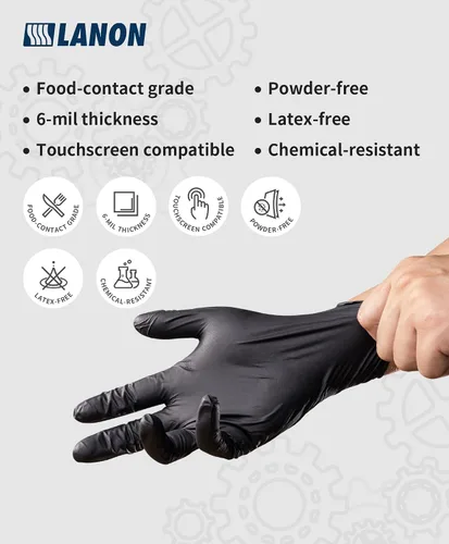 Vista 2 de Guantes desechables de nitrilo negro de 6 milésimas de pulgada LANON, aptos para alimentos, sin polvo, resistentes, con textura en las yemas, sin