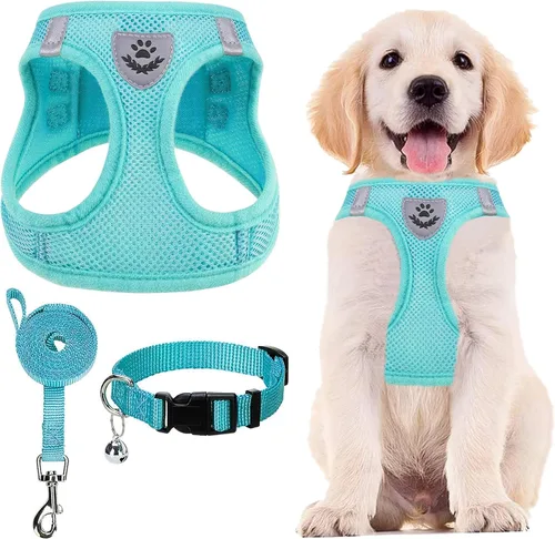 Vista 13 de PUPTECK - Arnés, collar y correa ajustables, sin tirones, para perros pequeños y medianos, cachorros y gatos, pechera reflectante acolchada de malla