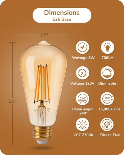 Vista 6 de EDISHINE Paquete de 6 Bombillas LED Edison Vintage 8W Equivalente a 60W, ST64 Bombillas LED Regulables, 700LM 2200K Luz Cálida Ámbar E26, Bombillas