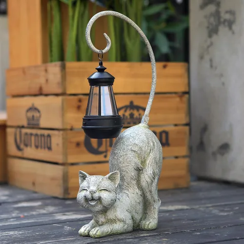 Vista 7 de Figura de gato riendo con luz LED alimentada por energía solar, 15.7 pulgadas de alto en bronce antiguo, perfecta para regalo, decoración de jardín