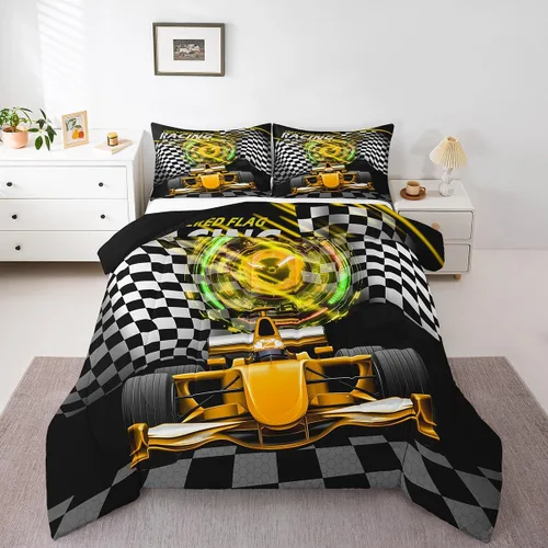 Vista 34 de Feelyou Juego de edredón azul de carreras para niños, juego de ropa de cama de coche deportivo para niños y niños, edredón deportivo geométrico a