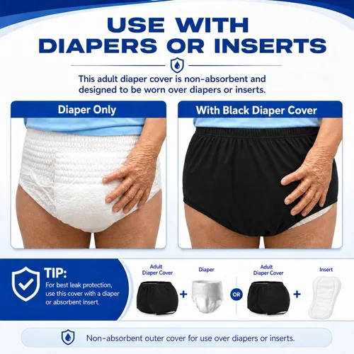 Vista 5 de Funda de pañales para adultos para incontinencia, pantalones de tela de látex activo a prueba de fugas, sin ruido, reutilizables, lavables, Negro