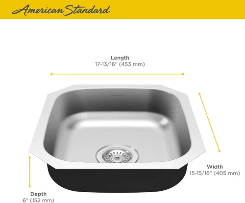 Vista 2 de American Standard 18SB6181600S.075 Portsmouth 18" x 16" ADA - Fregadero de cocina de acero inoxidable con cuenco individual