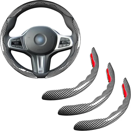 Vista 8 de Juego de fundas para volante de automóvil, funda de fibra de carbono brillante, antideslizante, 3 piezas, accesorios para volante de 14.5-15 negro