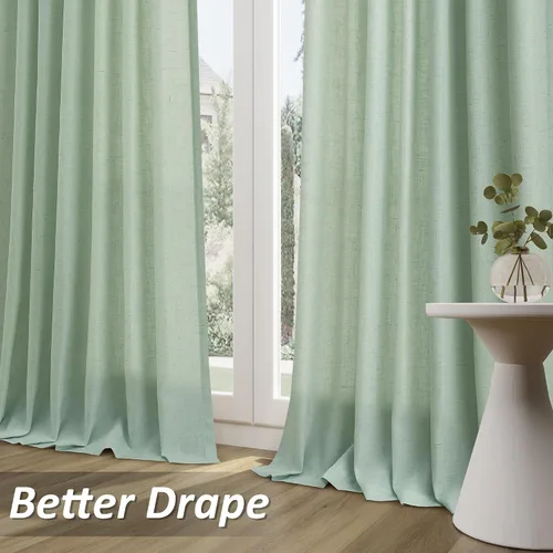 Vista 4 de Cortinas de lino verde aguamarina de 84 pulgadas de largo, juego de 2 paneles semitransparentes con bolsillo para barra para comedor, decoración