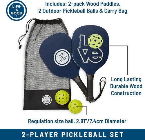 Vista 2 de Life is Good Juego de iniciación de pickleball - Incluye 2 paletas de pickleball de madera, 2 bolas de pickleball de tamaño reglamentario y bolsa