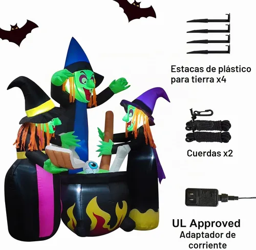 Vista 3 de Inflables de Halloween para decoración al aire libre, 6 pies, 3 brujas, luces LED, decoración familiar iluminada para patio, césped, hogar