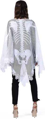 Vista 4 de Kinhowly Disfraz de esqueleto de Halloween para mujer, capa de esqueleto, poncho y máscara de mascarada para Halloween