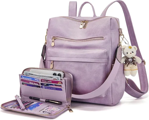 Vista 10 de Soperwillton Bolso de mochila para mujer. Bolsos de mano con diseño multiusos. Bolsa de hombro de cuero sintético. Bolsa de viaje. Juego de 2
