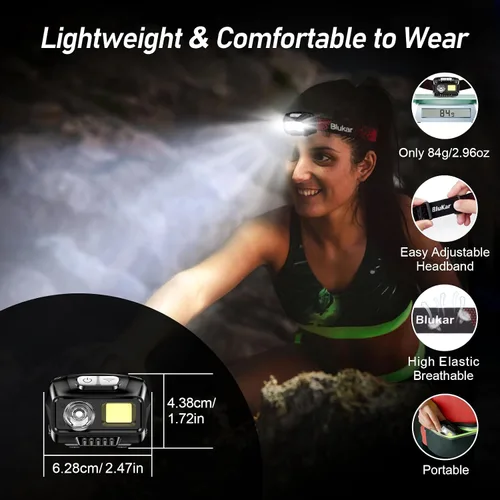 Vista 8 de Blukar Linterna frontal LED recargable, 2000L de alto lumen súper brillante regulable linterna con sensor de movimiento, 8 modos, foco e reflector