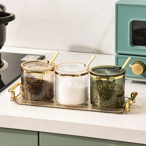 Vista 6 de Frascos Acrílicos para Condimentos y Especias, Caja de Condimentos y Especias con Tapas y Cucharas y Bandeja, Recipientes de Plástico Transparente