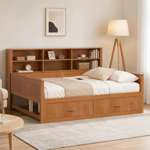 Vista 49 de VilroCaz Cama de sofá de tamaño individual de madera con estantes de almacenamiento y escritorio de estudio, estructura de cama de día Blanco