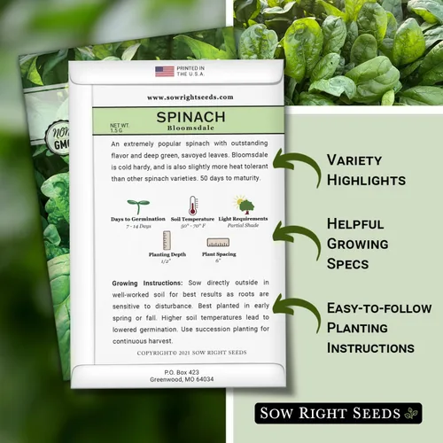 Vista 2 de Sow Right Seeds - Semillas de espinaca Bloomsdale para plantar - Ideal para jardines al aire libre o interior - Variedad de reliquia sin OMG