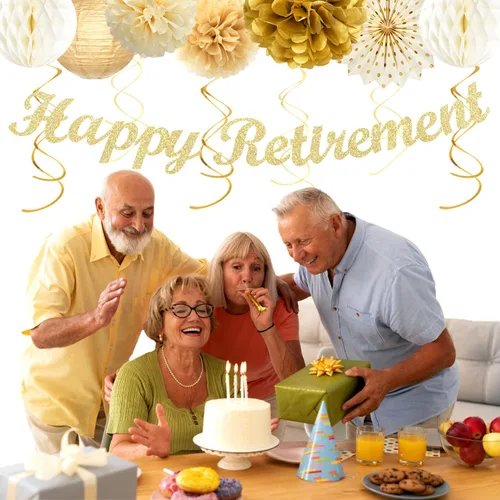 Vista 6 de Beige-Gold Happy Retirement Party Decorations Banner Women Men Huglony 21pcs Retiree Farewell Banner,Streamers,Paper Lanterns,Pom Poms Fans,Work