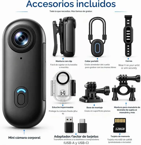 Vista 7 de Mini cámara corporal 4K de 128 GB, cámara de acción magnética del tamaño del pulgar con grabación de video y audio, manos libres, impermeable Negro
