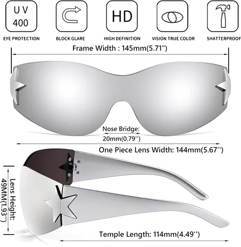 Vista 4 de FEISEDY Y2K - Lentes de sol para mujeres y hombres, de los años 2000, sin marco, sin marco, con estrellas, B9090 Plateado(Mirrored Silver)