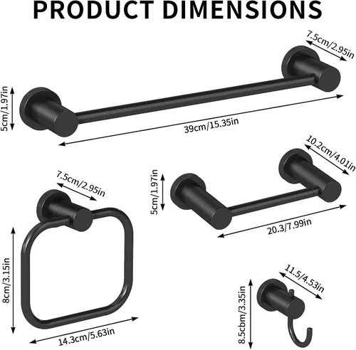 Vista 6 de STWWO Juego de 4 piezas de accesorios de baño, color negro, juego de toalleros de acero inoxidable de 16 pulgadas, toalleros para baño montado