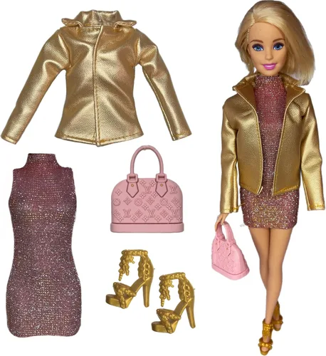Vista 2 de Ropa Oro Rosa Paquete de Moda para Muñeca de Moda de 12 Pulgadas Conjunto de Vestido y Chaqueta de Oro Rosa