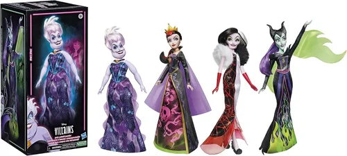 Vista 2 de Disney Princess Villains Black and Brights Collection, muñeca de moda, paquete de 4, juguete de villanos de Disney para niños de 5 años en adelante