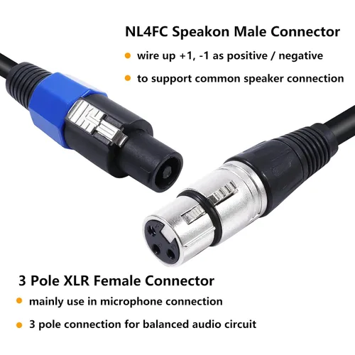 Vista 3 de HBU Paquete de 1 cable Speakon a XLR hembra, cable de audio Speak-ON macho a conector XLR de 3 polos, estudio Pro PA DJ, cable de extensión