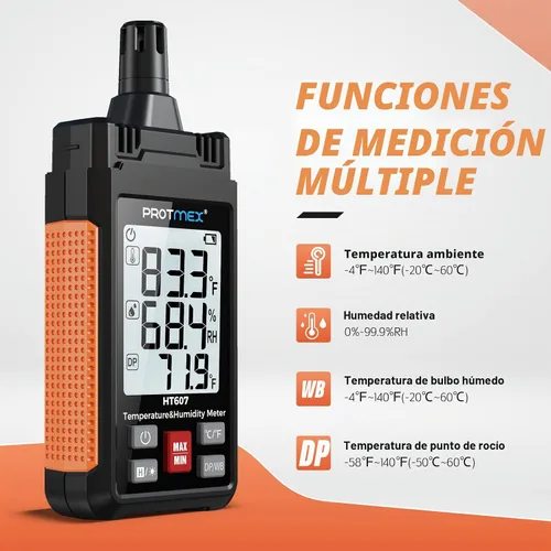 Vista 2 de Protmex HT607 Medidor de temperatura y humedad higrómetro digital de alta precisión con ambiente, humedad relativa, punto de rocío, termómetro