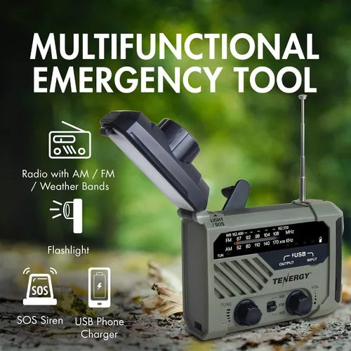 Vista 2 de Tenergy Radio meteorológica multifuncional con manivela con linternas LED, alarma SOS, cargador de teléfono celular, radiofrecuencias AM/FM/NOAA