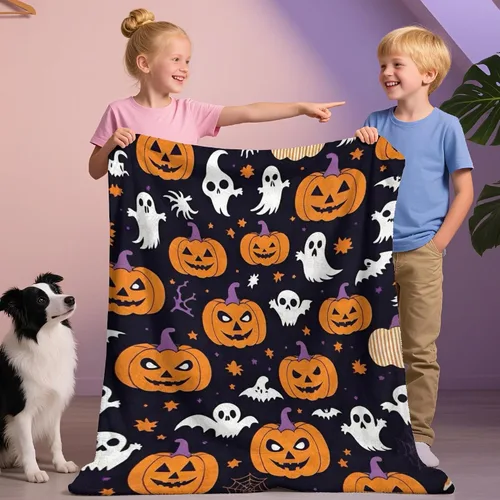 Vista 6 de D-Story Manta de vellón de Halloween, manta de calabaza de otoño para sofá, cama, habitación, regalos de Acción de Gracias para niños y adultos, 50