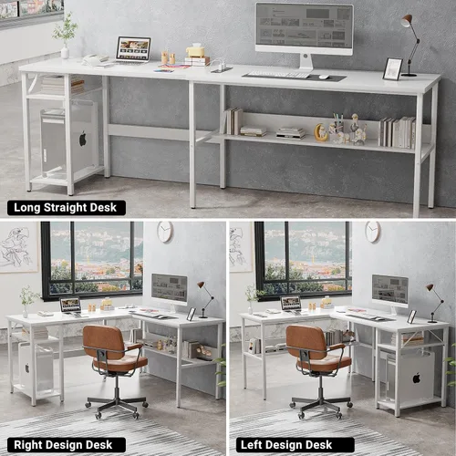 Vista 6 de Unikito Escritorio reversible para computadora en forma de L con tomas de corriente mágicas y puertos de carga USB, escritorio esquinero resistente