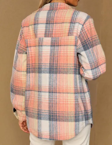 Vista 2 de luvamia Chaquetas a cuadros para mujer, de franela, acolchadas, de gran tamaño, con botones