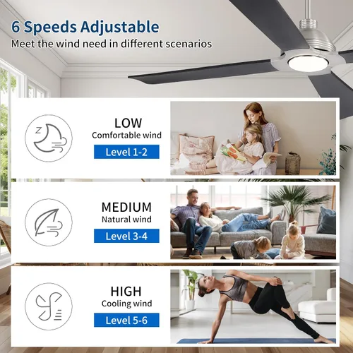 Vista 6 de WINGBO Ventilador de techo CC de 56 pulgadas con luces y control remoto, 4 aspas de madera maciza, 3CCT, motor CC reversible de 6 velocidades