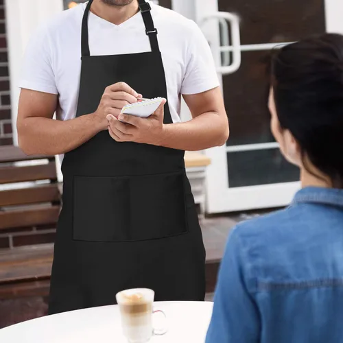 Vista 2 de Xornis Paquete de 2 delantales ajustables con 2 bolsillos para mujeres y hombres, cocinero, cocinero, color negro