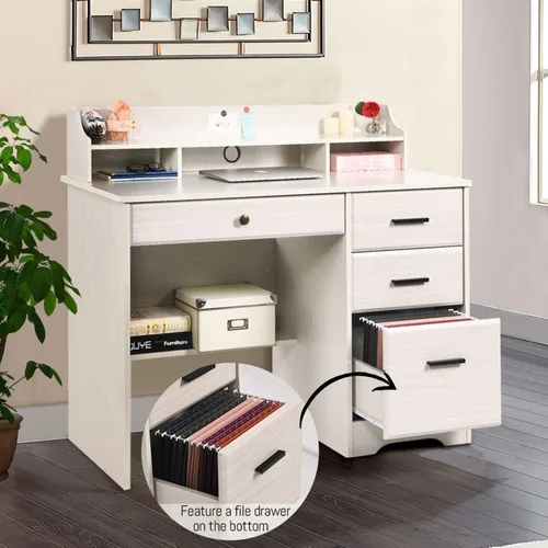 Vista 5 de Escritorio blanco para oficina en casa con 4 cajones y gabinete, mesa de computadora para dormitorio, blanco roto