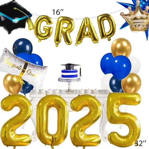 Vista 4 de Kit de arco de guirnalda de globos de graduación con temática azul con globos de aluminio para estudiantes universitarios de secundaria, clase