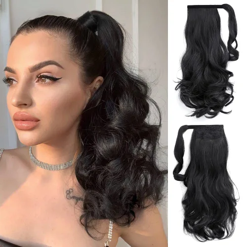 Vista 14 de Auburn - Extensiones de cabello con clip de cola de caballo, extensiones de cola de caballo de 16 pulgadas, rizadas, onduladas, sintéticas