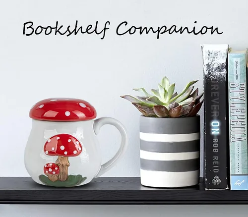 Vista 3 de Bonita taza de hongo con tapa, taza grande de cerámica para café y té, regalo divertido para mujeres