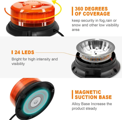 Vista 6 de Luz estroboscópica ámbar de 9 patrones magnéticos para camiones y quitanieves 24 LED de cobertura de 360°, cable de 10 pies, imán fuerte, 12-24 V