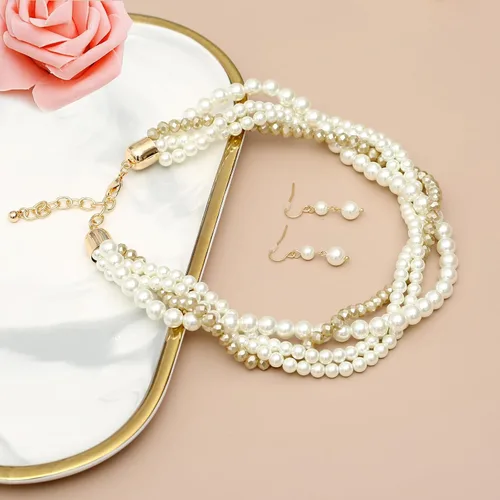 Vista 5 de Juego de collar de oro para mujer, collar estético y aretes, accesorios de moda para fiesta nupcial