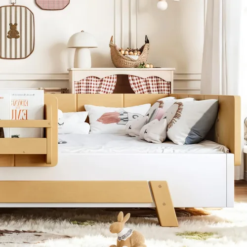 Vista 7 de Cama Montessori de tamaño matrimonial con estantería y valla, natural