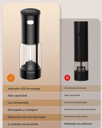 Vista 6 de TOMEEM Juego de molinillo eléctrico de sal y pimienta, recargable con indicador de alimentación LED, molienda ajustable de 5 niveles, luz LED