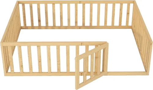 Vista 4 de SOFTSEA Marco de cama de suelo con valla, marco de cama Montessori Queen para niños pequeños, sin listones de cama