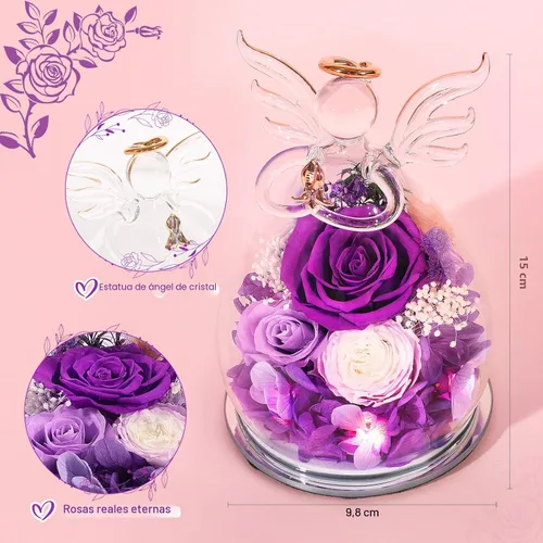 Vista 2 de Regalos para mamá, regalos de cumpleaños para mujeres, rosa preservada para siempre, flor en cristal, figuras de ángel, flores frescas para entrega